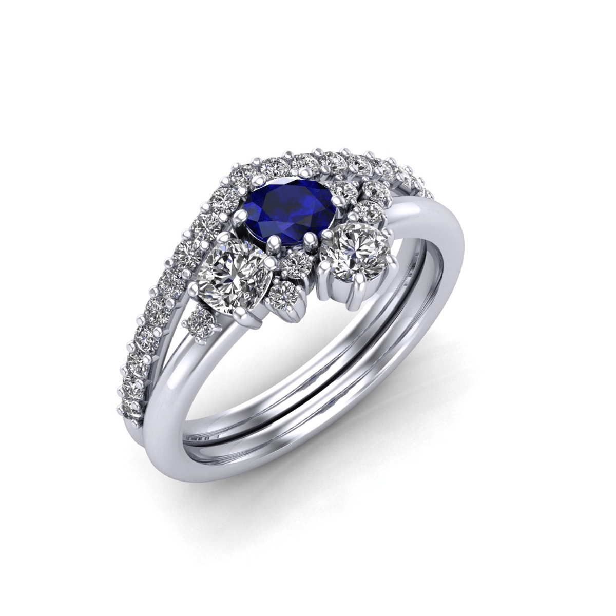 custom cluster engagement ring and angled wedding band set cad rendering