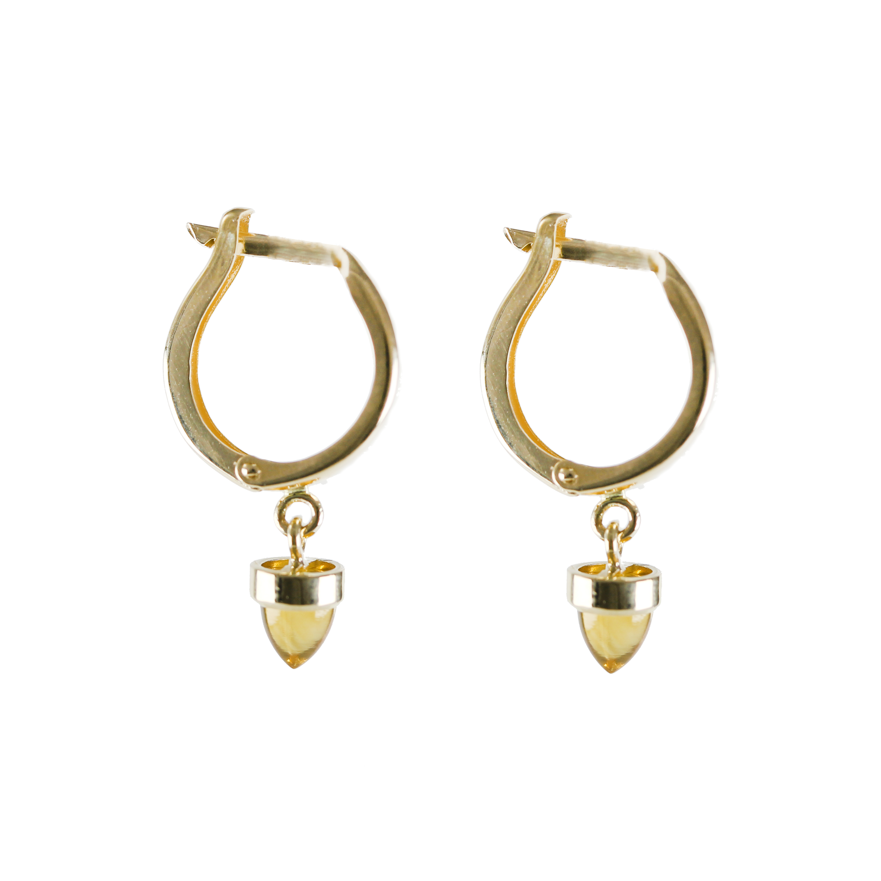 citrine bullet yellow gold earrings side view on white background