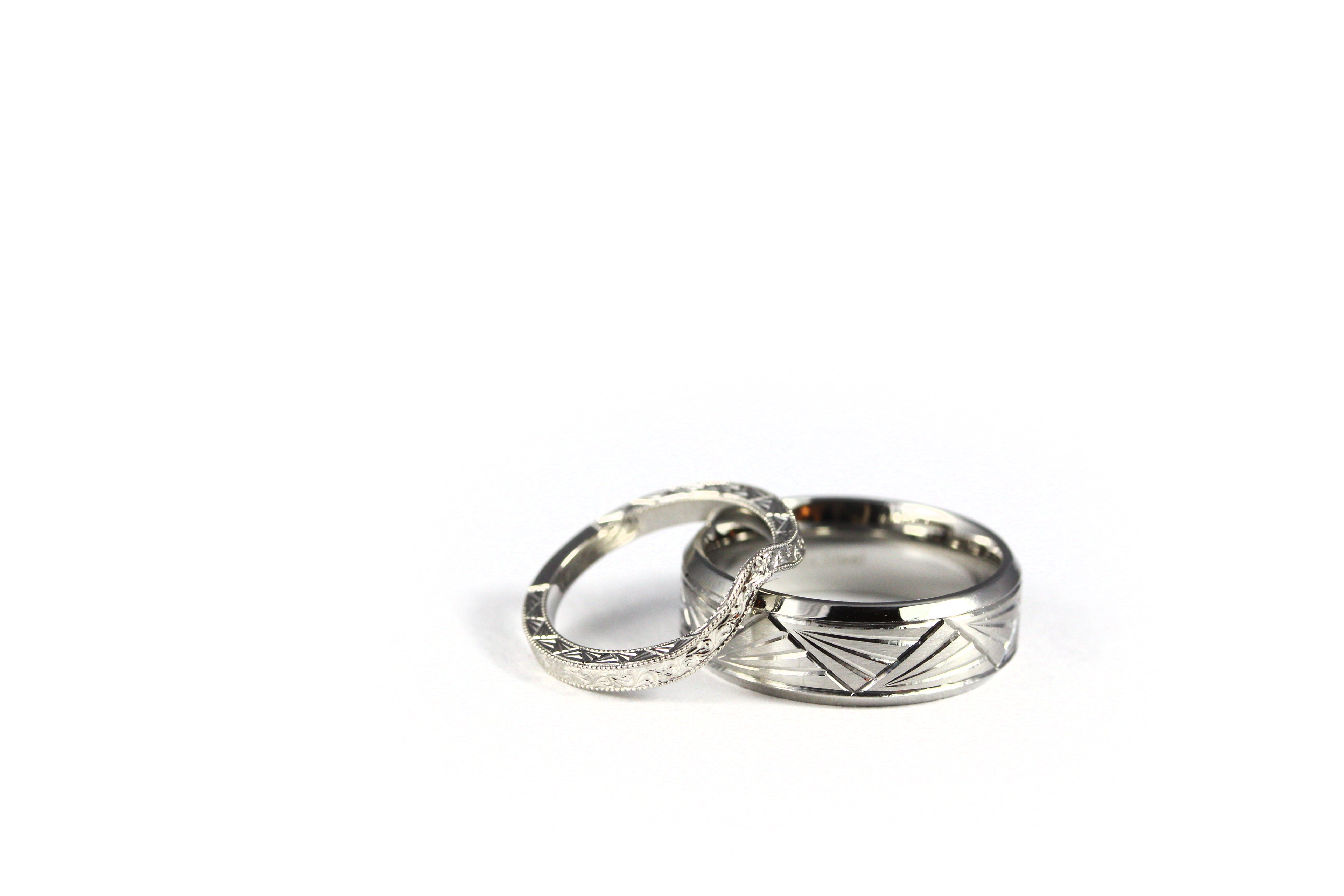 art deco inspired engraved wedding band set