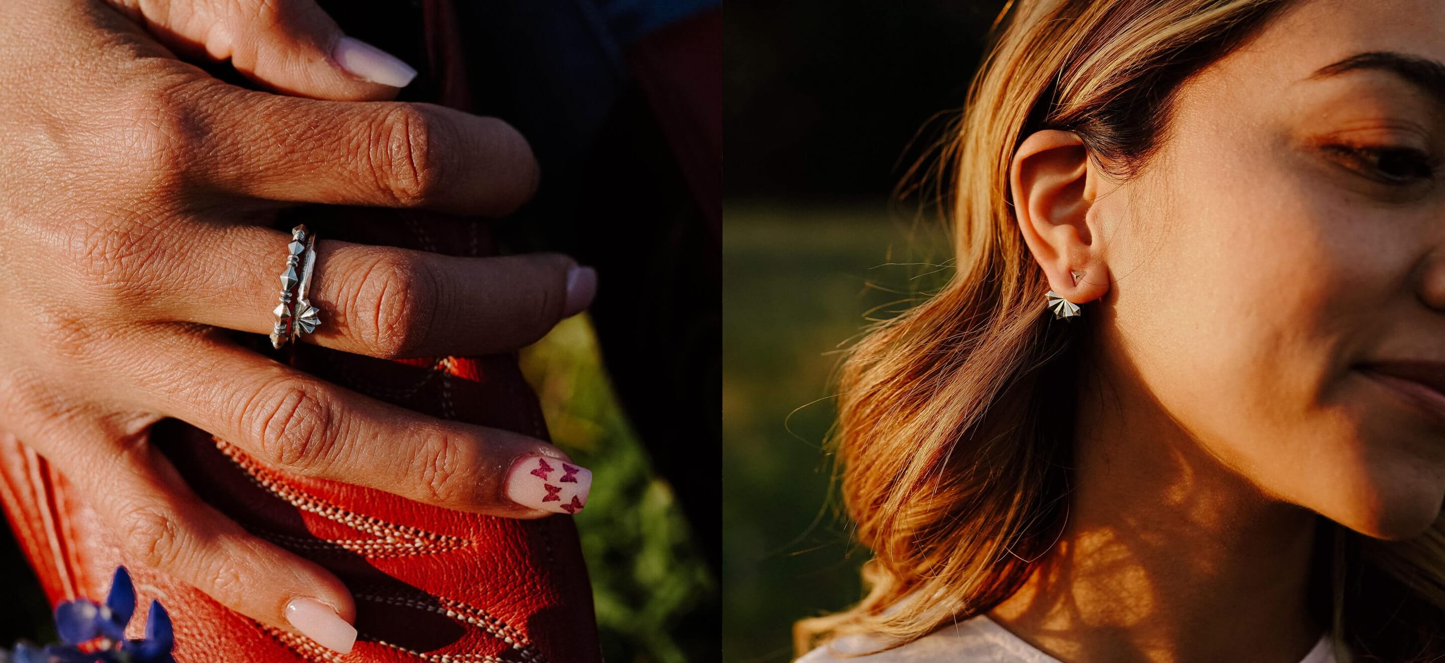 lovo jewelry art deco pyramid collection on model hands and head