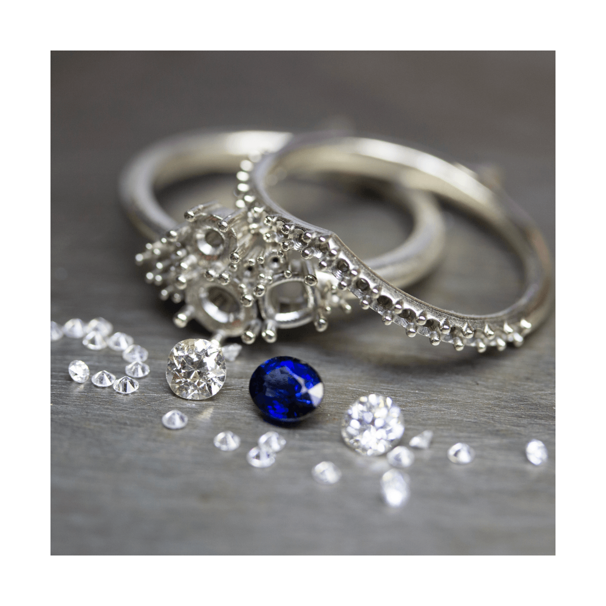 jewelry engagement ring and wedding band set ring castings with loose diamonds and gemstone