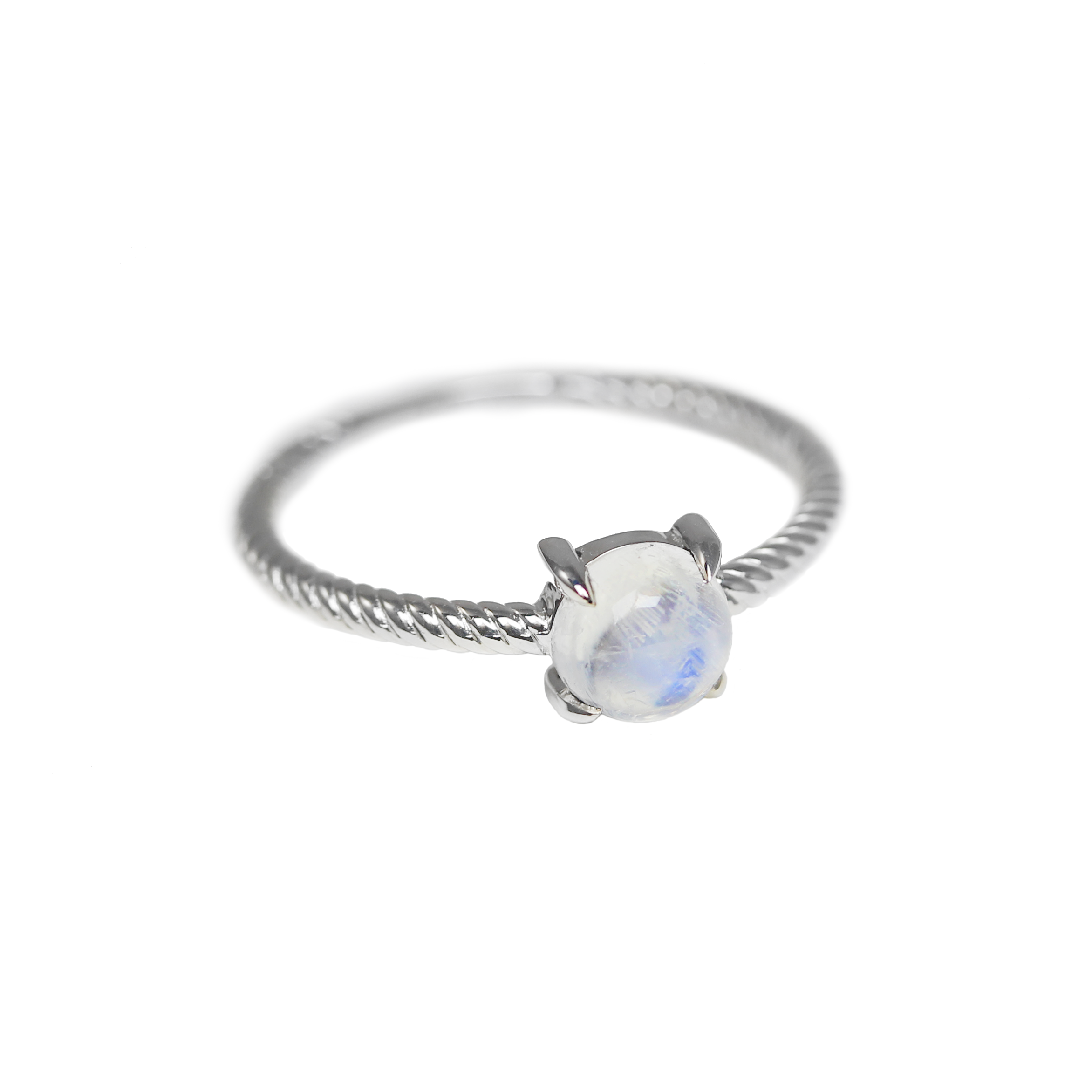 moonstone and silver rope band angled view on white background