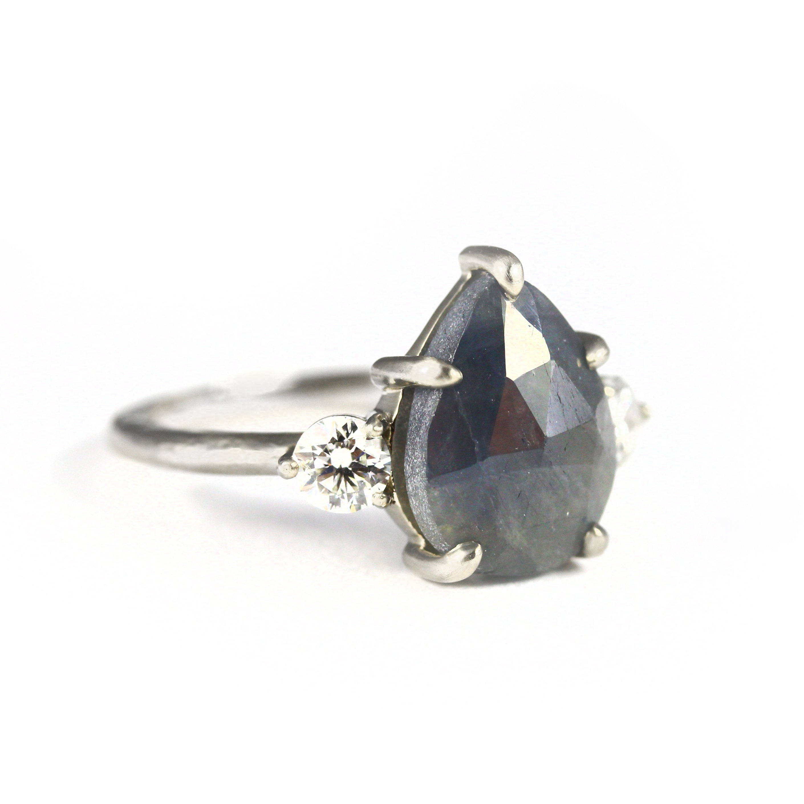 opaque rose cut blue sapphire with diamond accent engagement ring