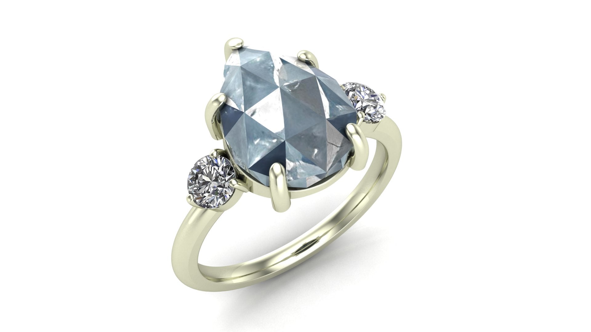 opaque blue pear rose cut sapphire with diamonds engagement ring rendering