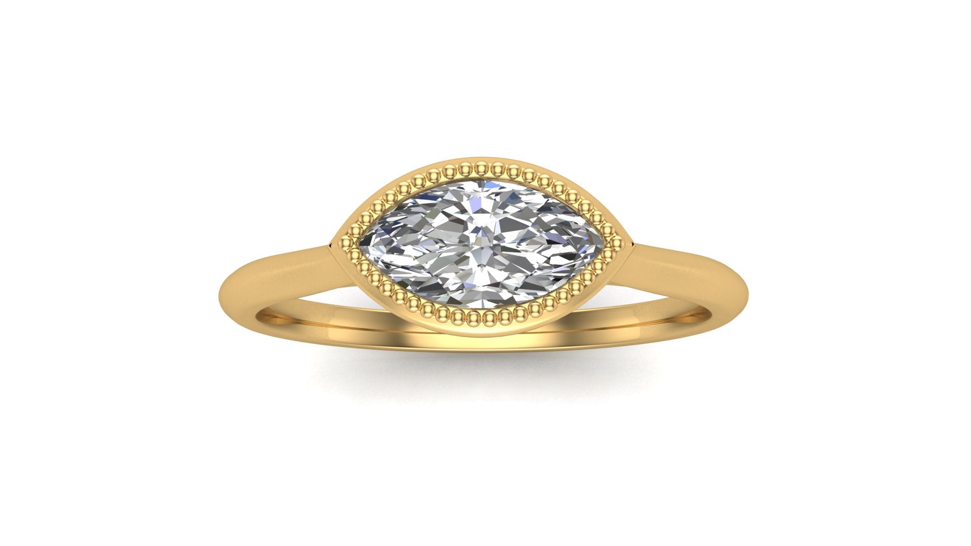 marquise diamond and milgrain yellow gold engagement ring render