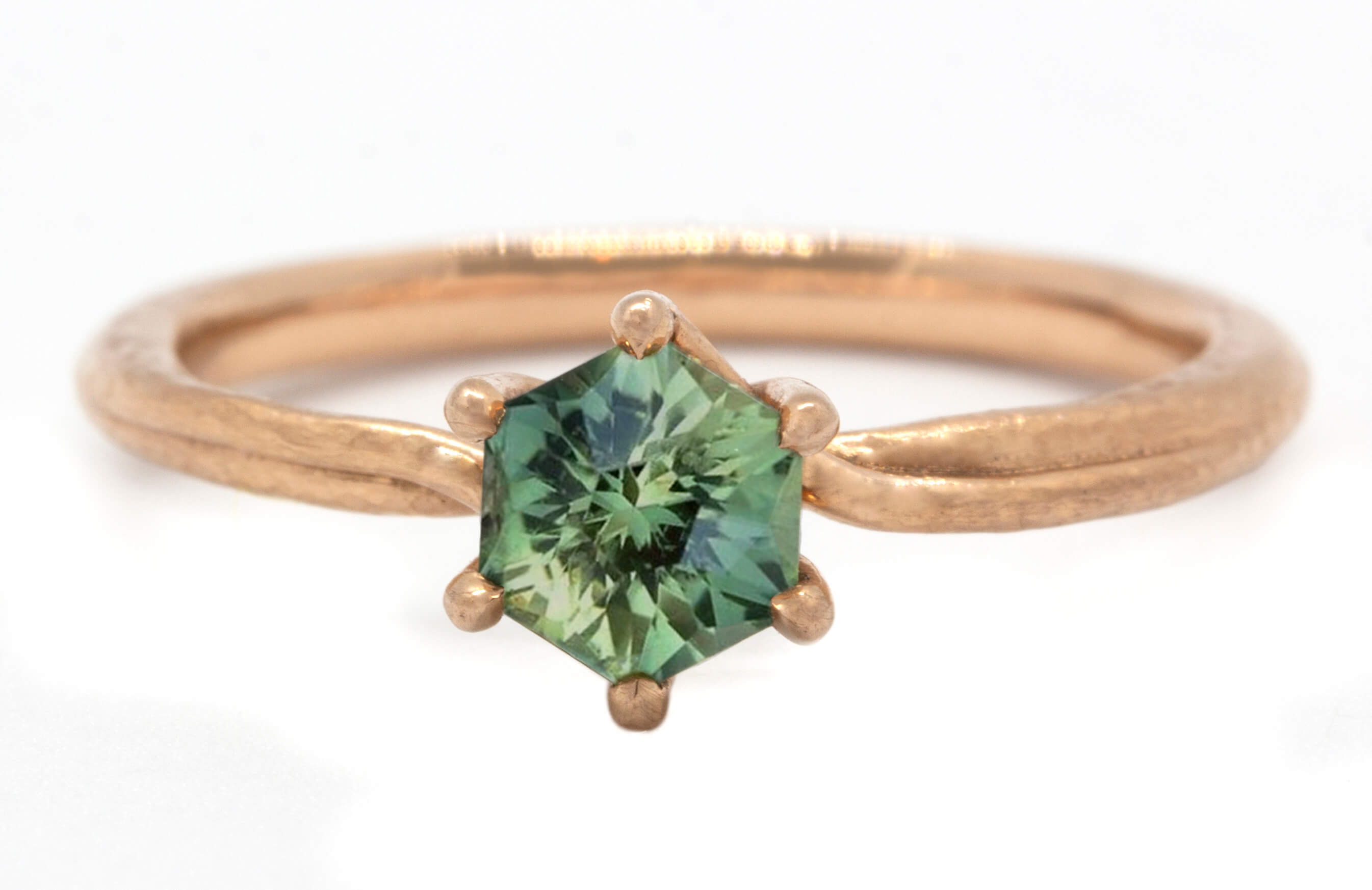 hexagon green sapphire textured rose gold engagement ring