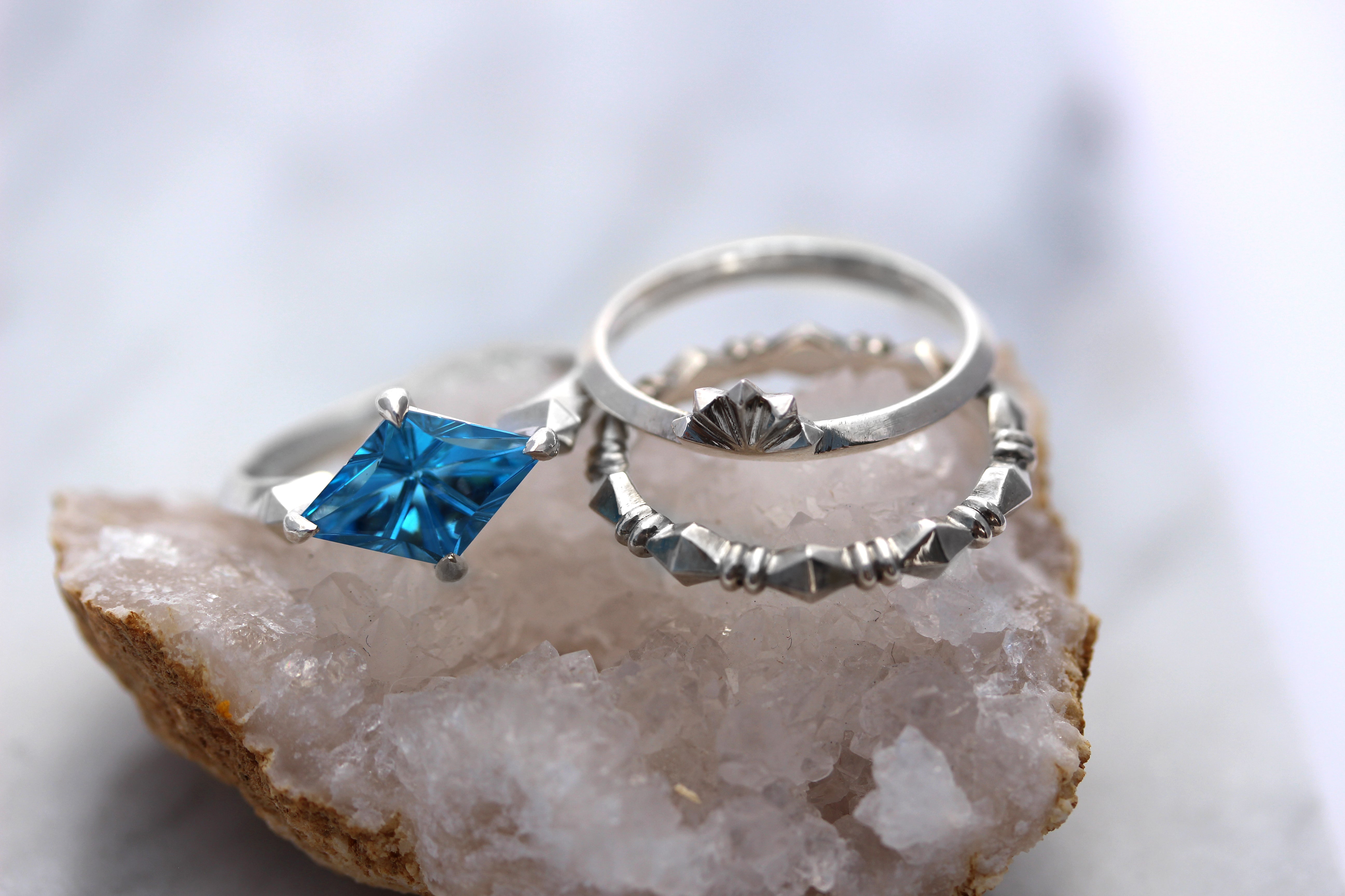 lovo jewelry art deco collection rings on crystal geode