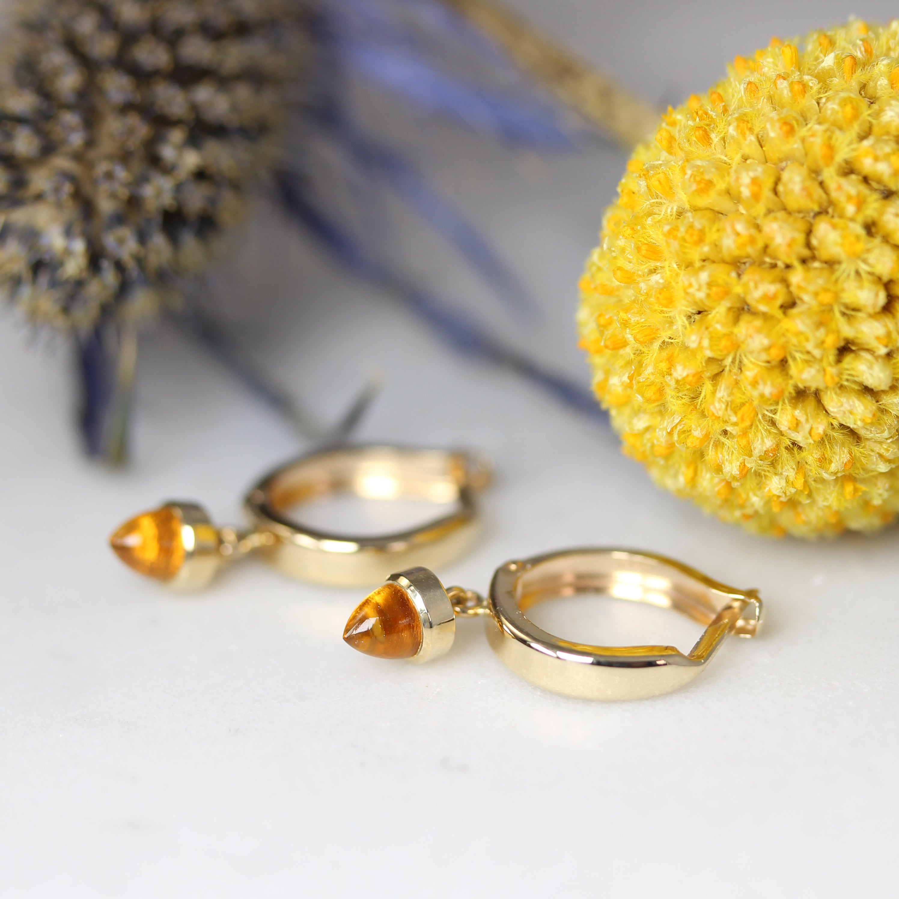 citrine bullet yellow gold earrings with flowers