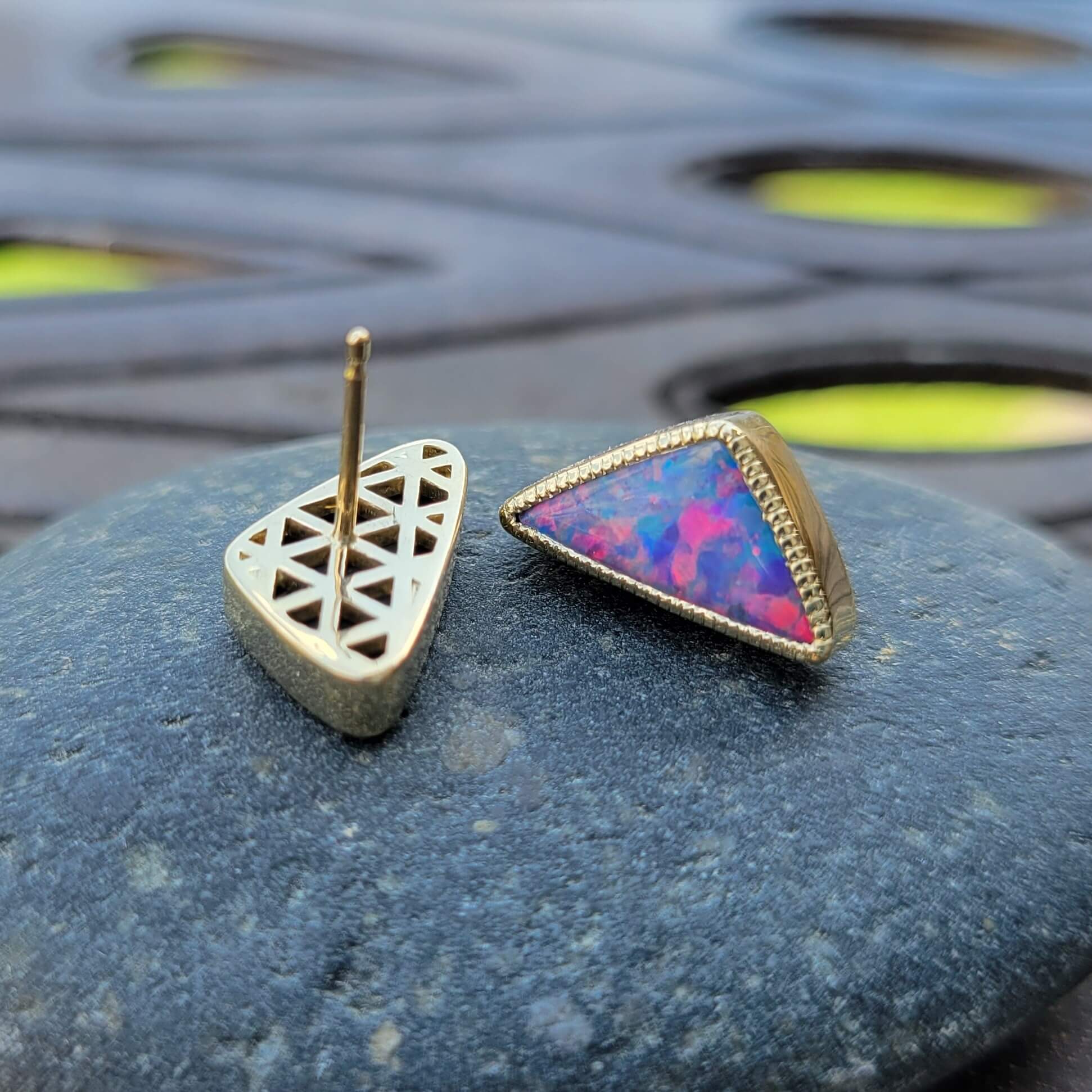 custom opal earrings with milgrain and triangle pattern