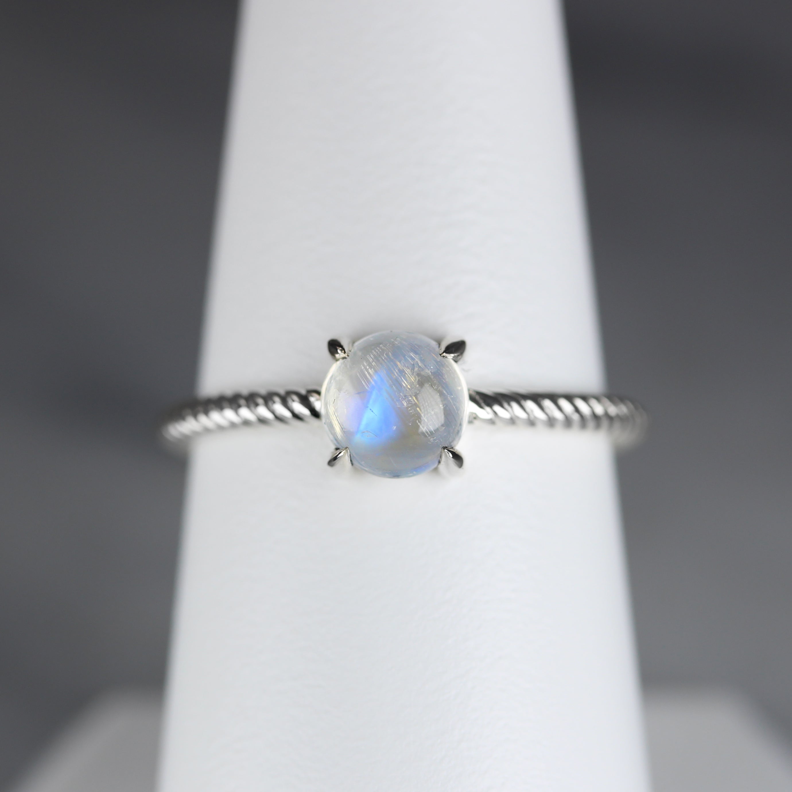 moonstone in silver rope ring top view