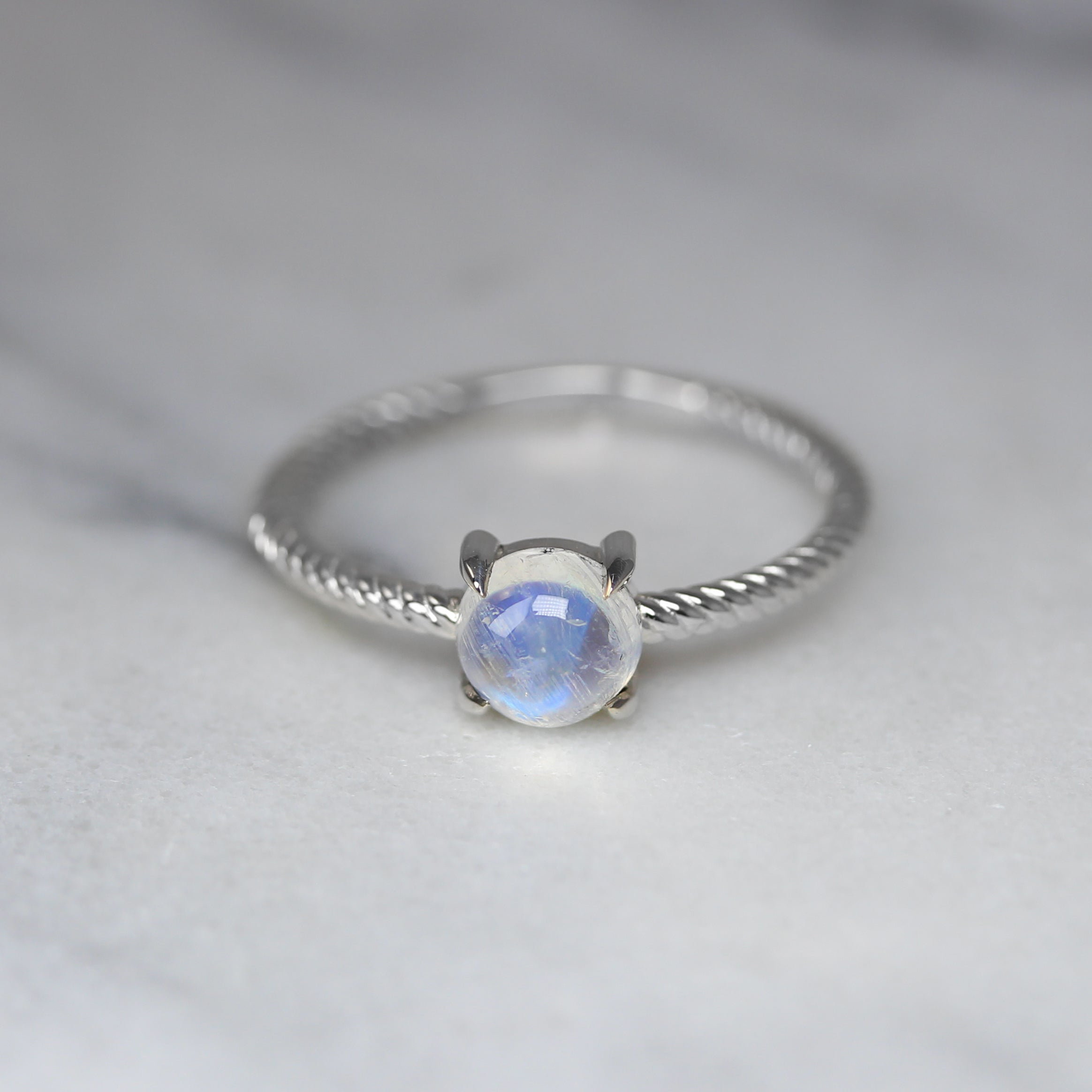 moonstone in silver rope ring front view
