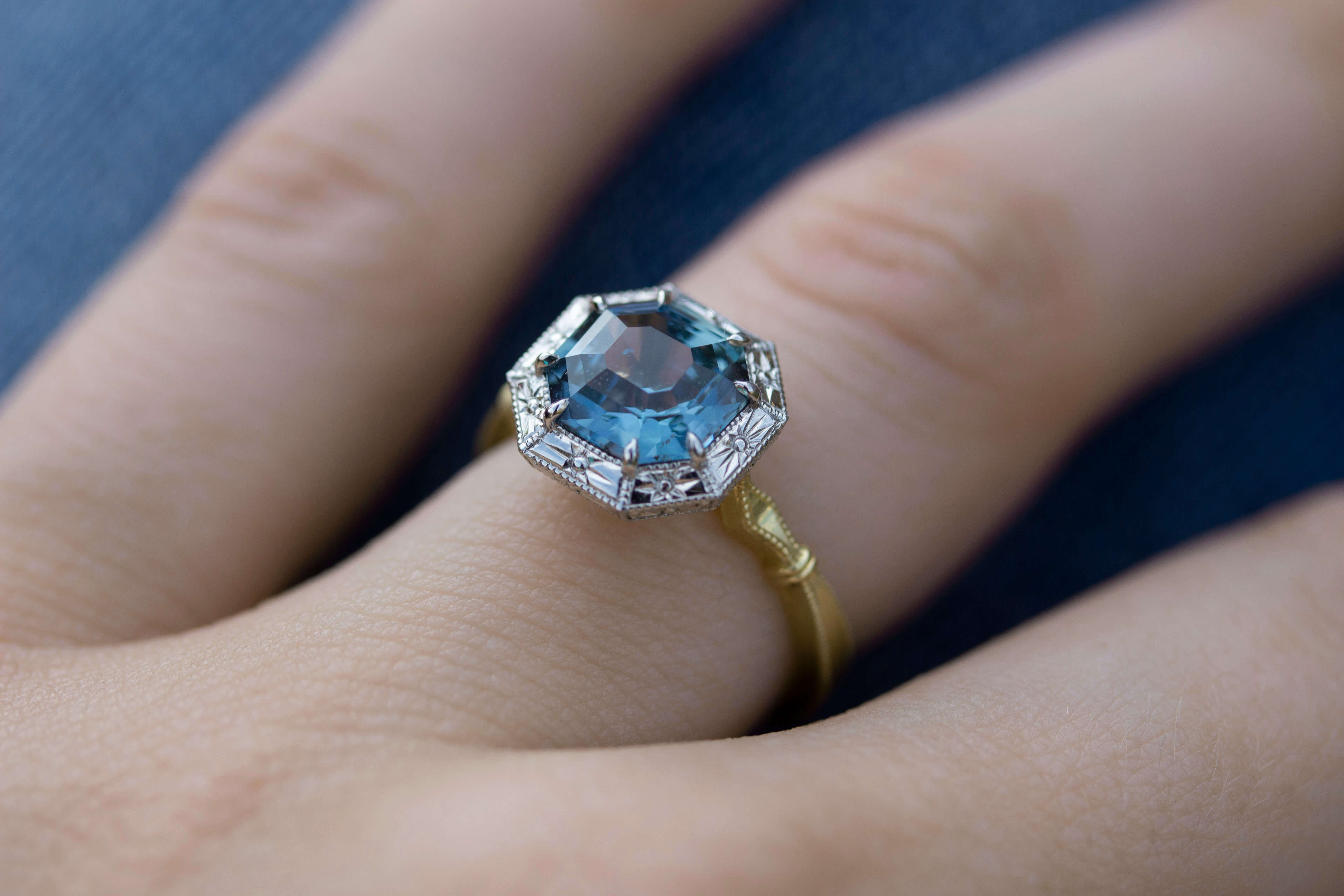blue sapphire art deco platinum and yellow gold engagement ring