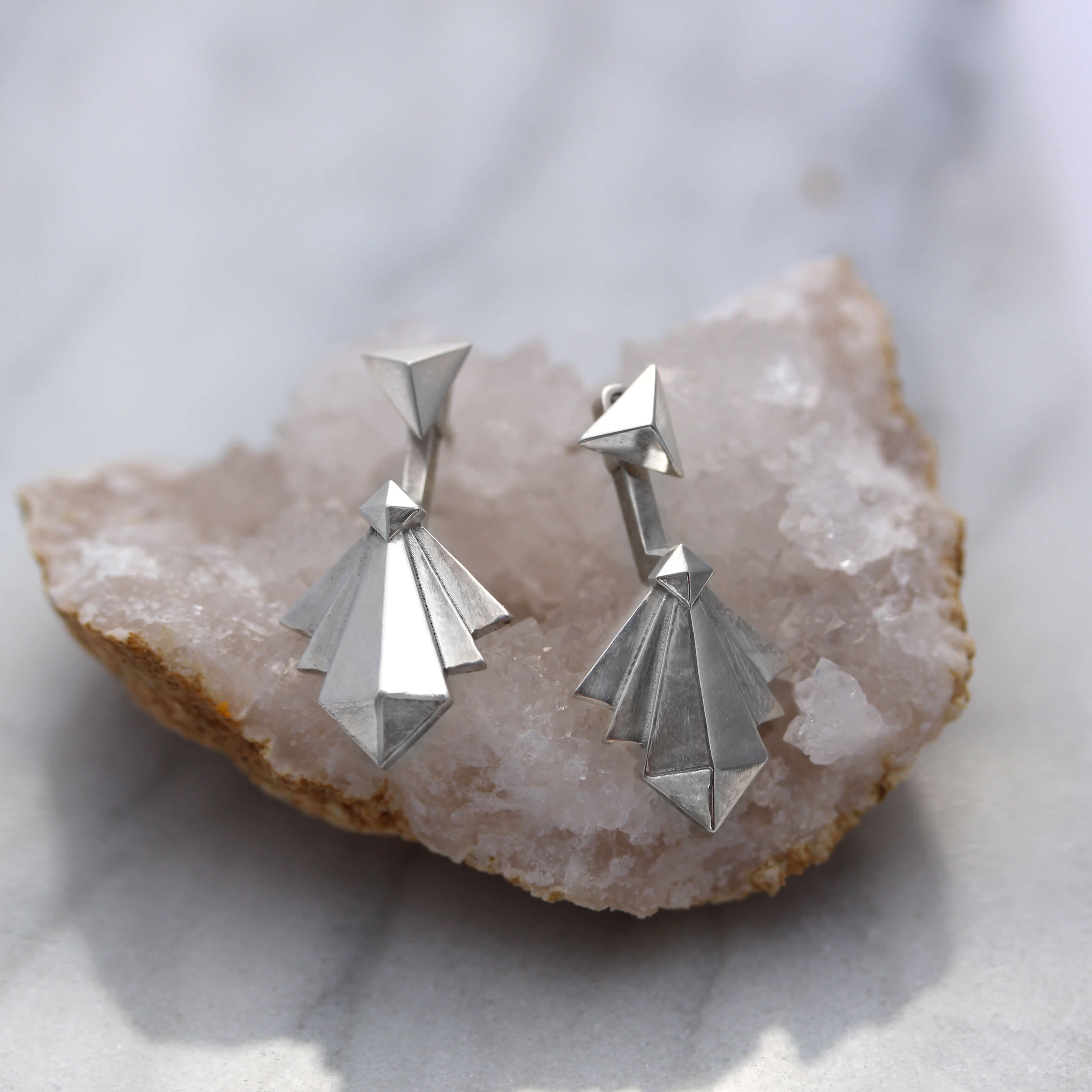Art Deco Earring Jackets with Triangle Studs on crystal geode