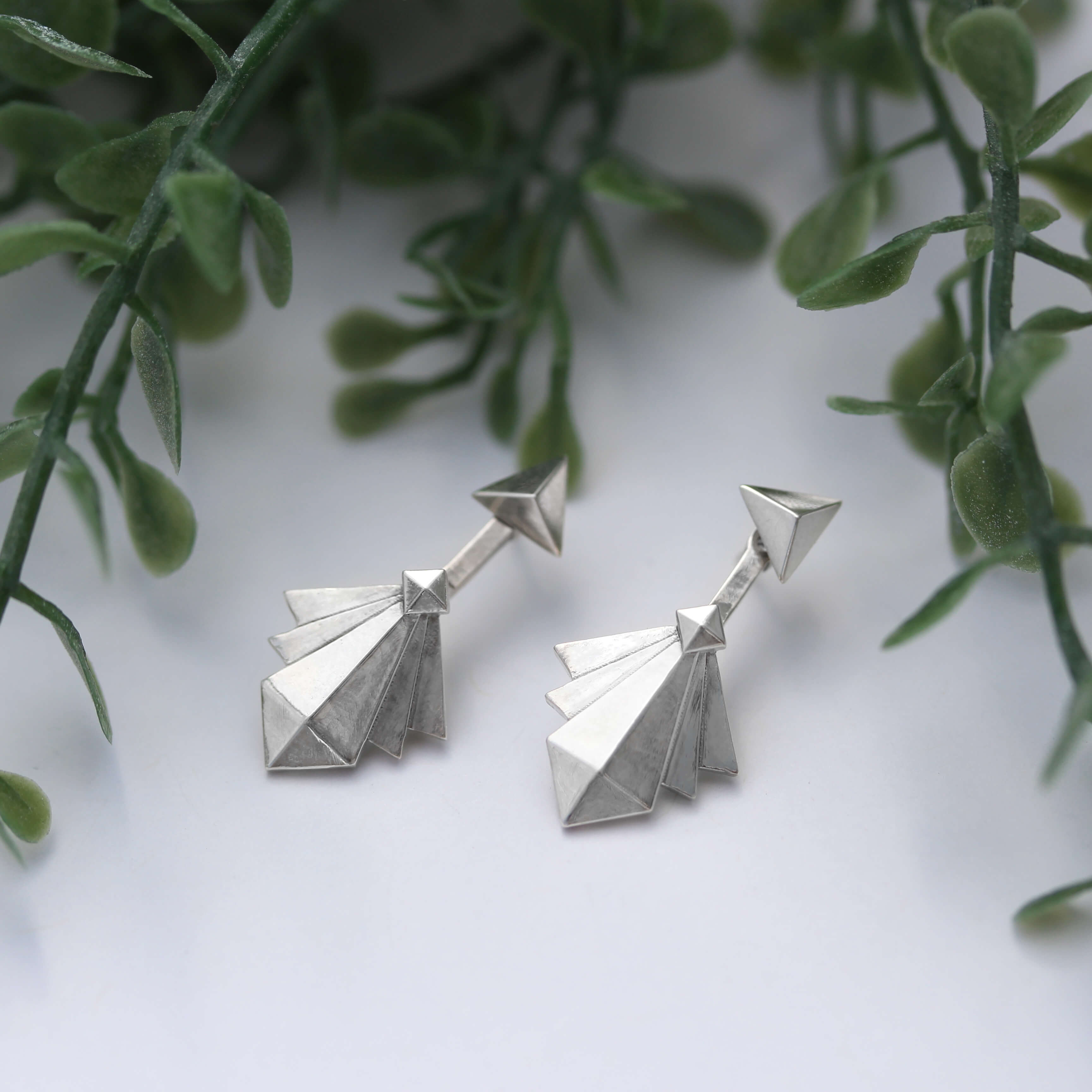 Art Deco Earring Jackets with Triangle Studs with greenery
