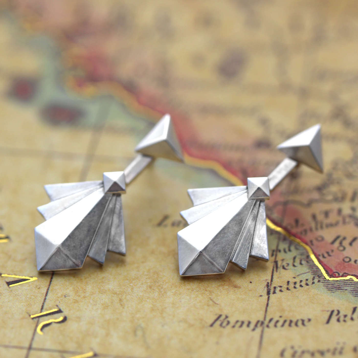 Art Deco Earring Jackets with Triangle Studs on vintage map