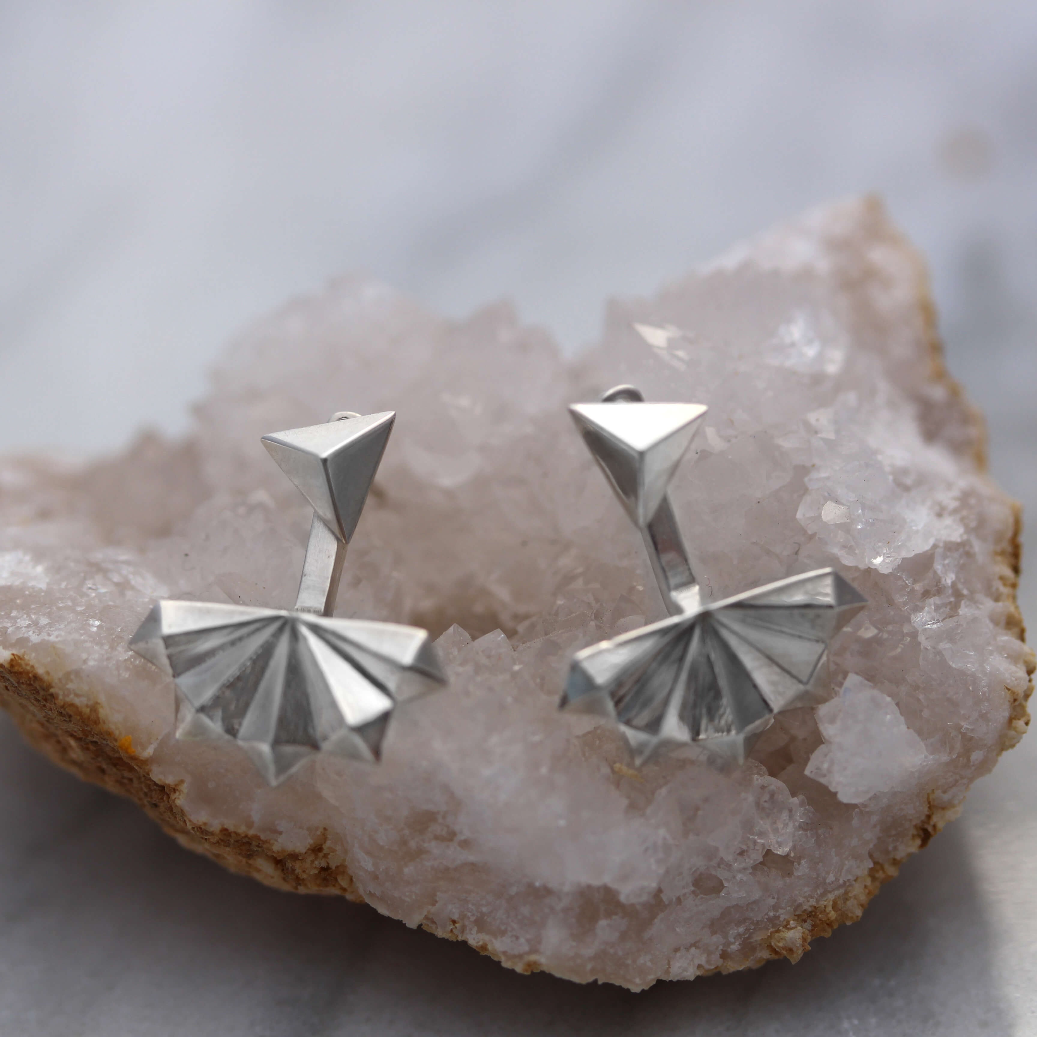 Pyramid Fan Earring Jackets with Triangle Studs on crystal geode
