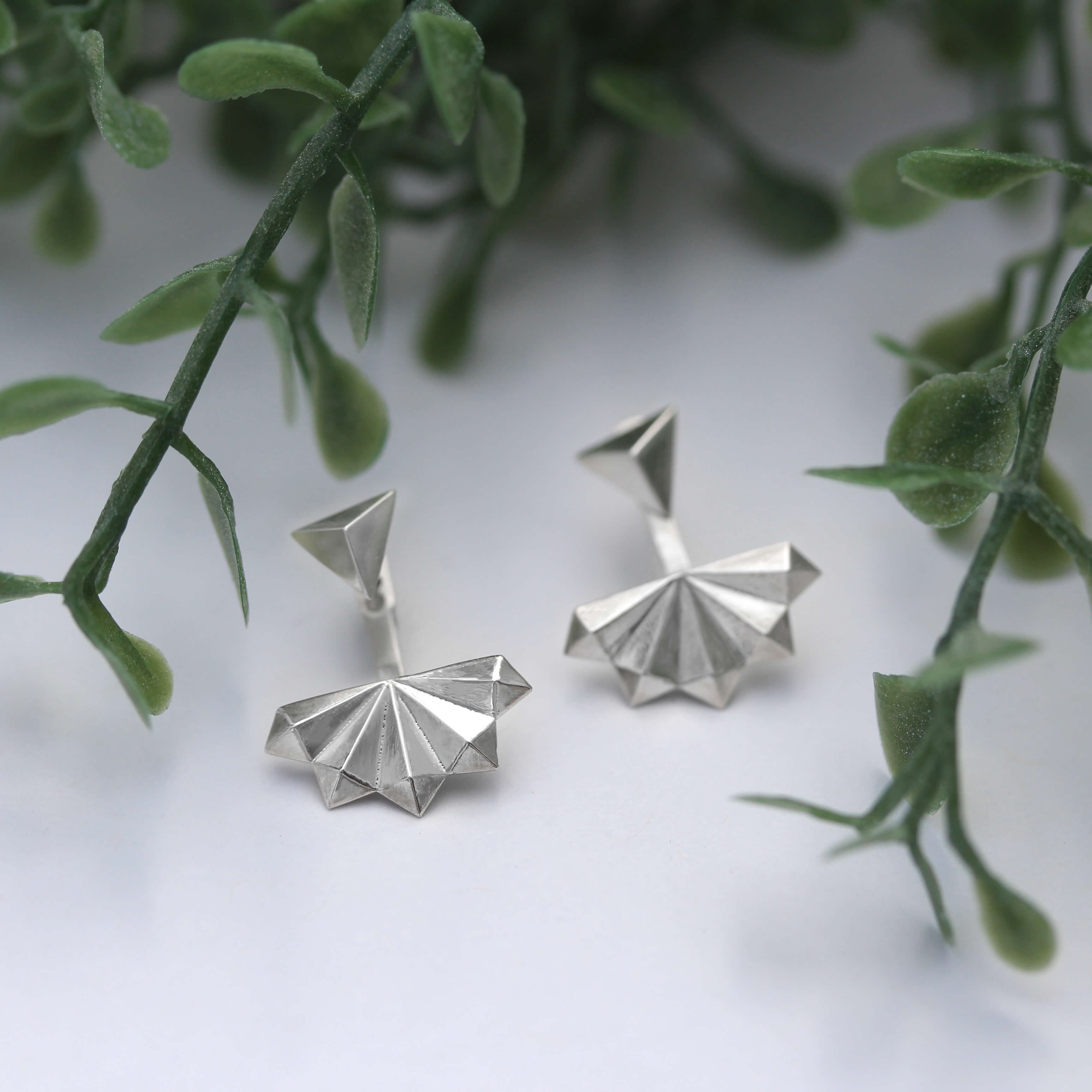 Pyramid Fan Earring Jackets with Triangle Studs with greenery