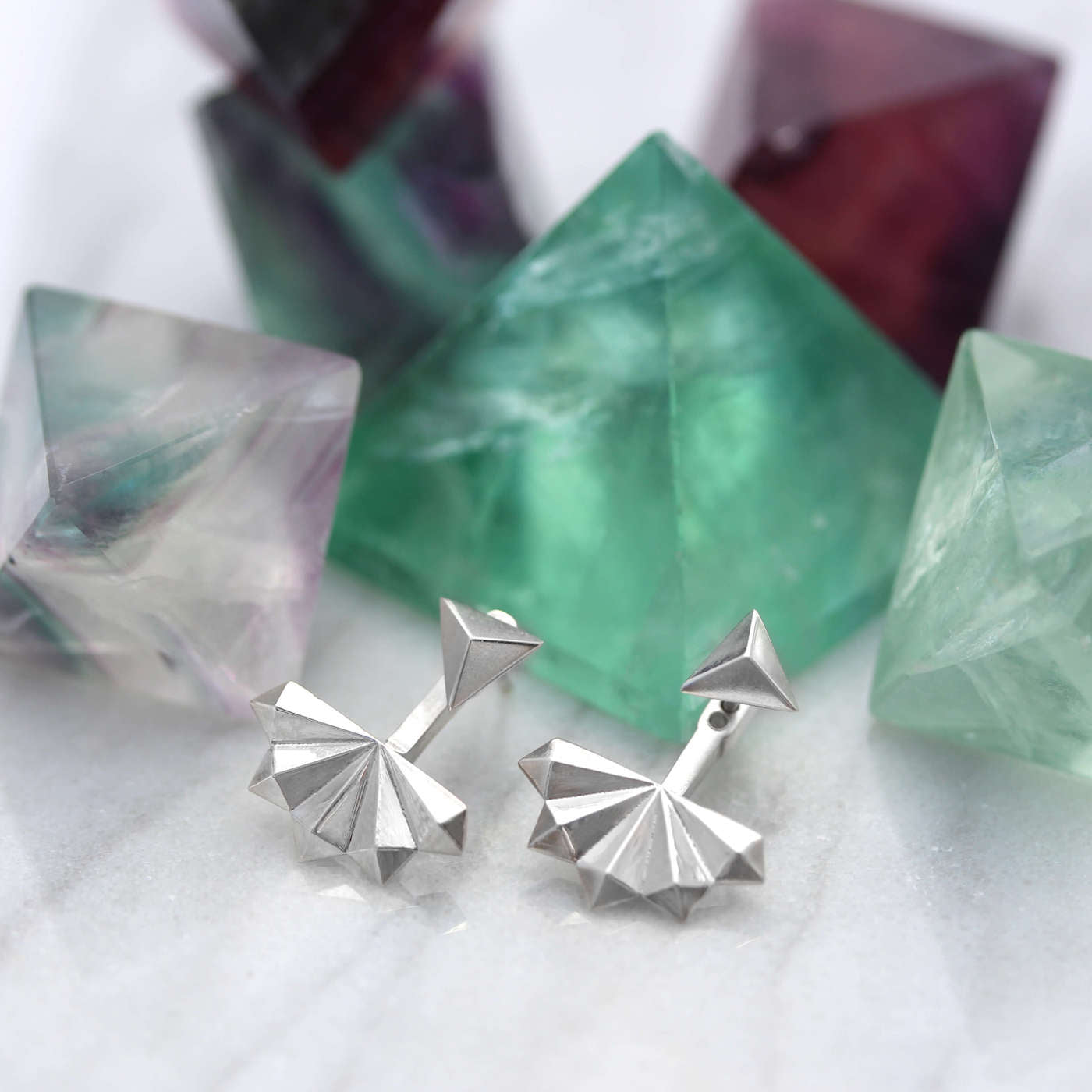 Pyramid Fan Earring Jackets with Triangle Studs with fluorite crystals