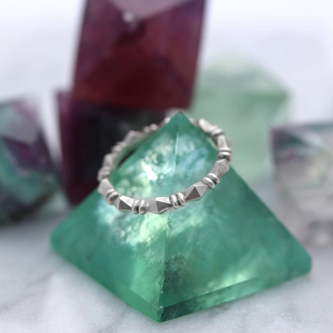 Stackable Pyramid Eternity Band with fluorite crystals