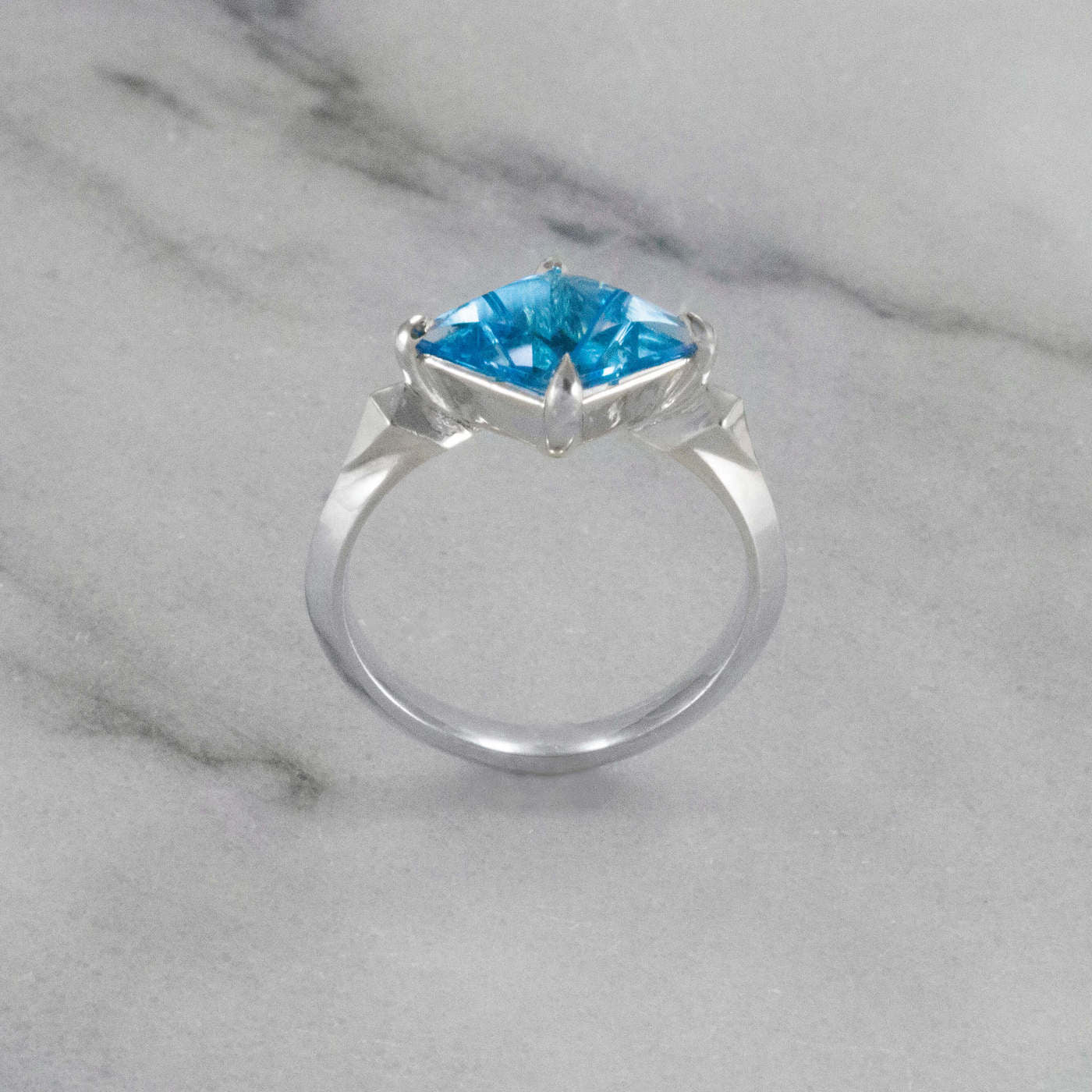 Kite Shaped Blue Topaz Pyramid Ring front view