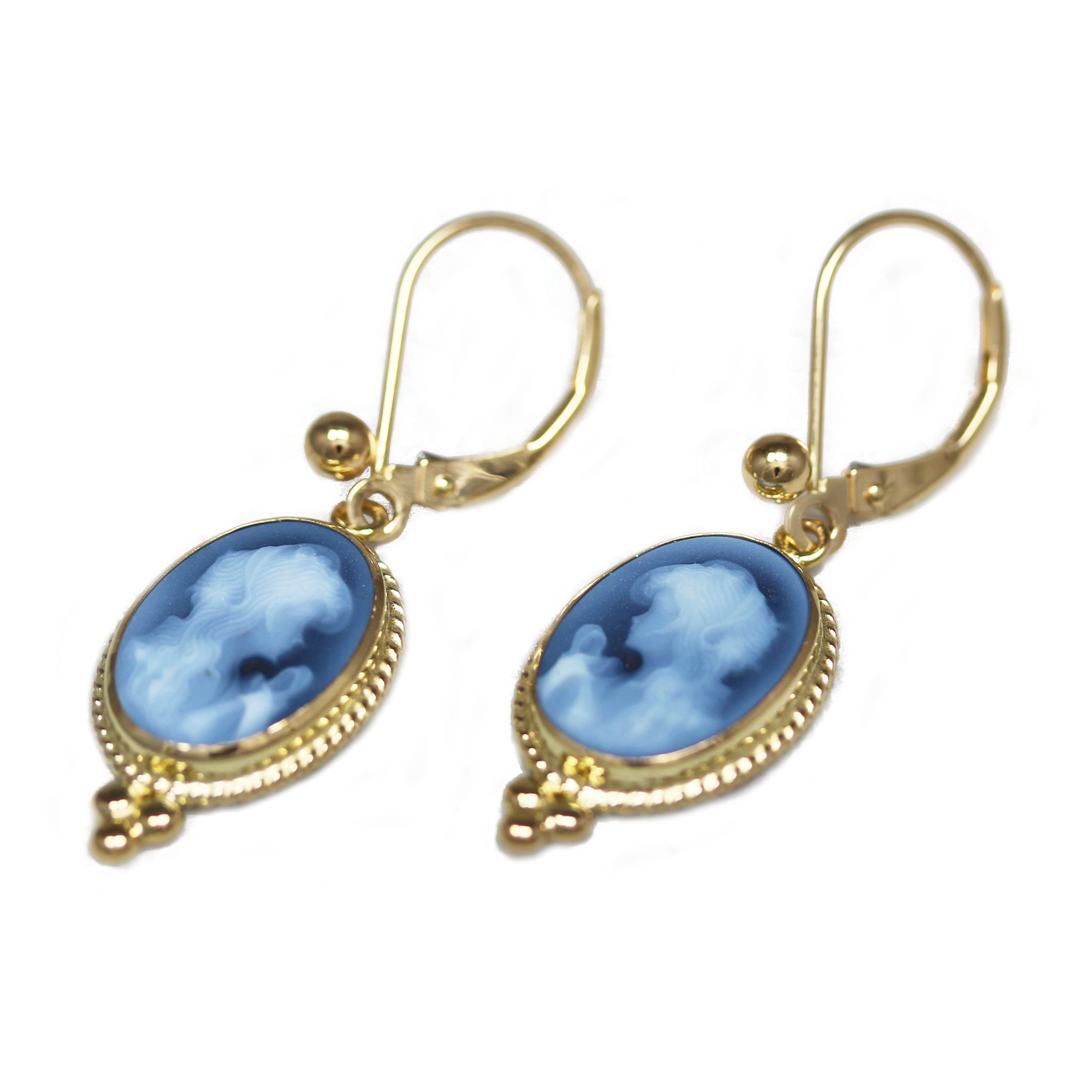 blue cameo and yellow gold earrings on white background