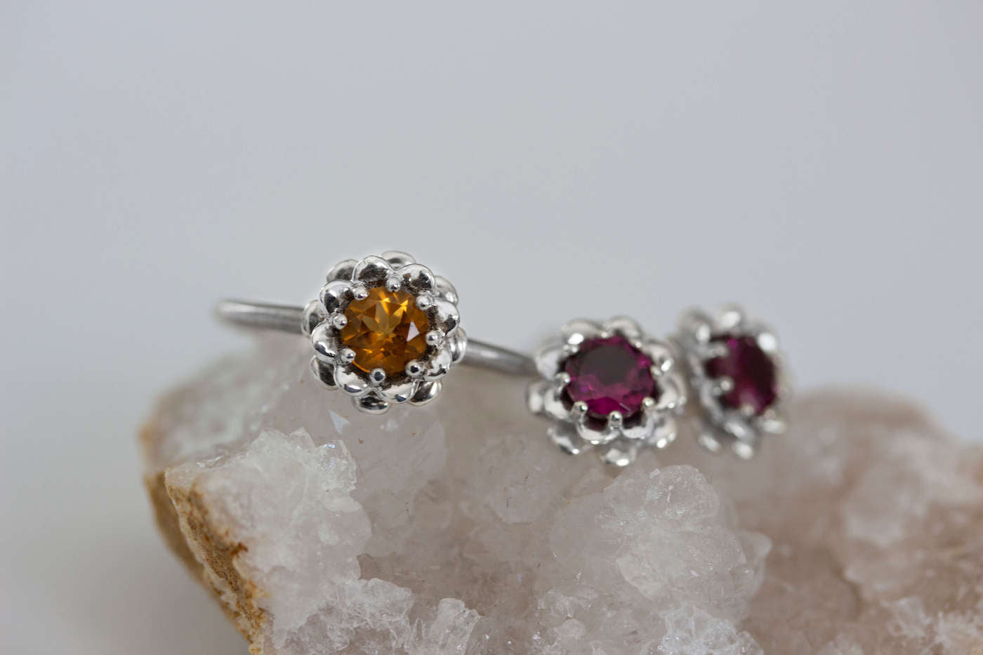 Flower Gemstone Stud Earrings with Flower Ring on Crystal Geode