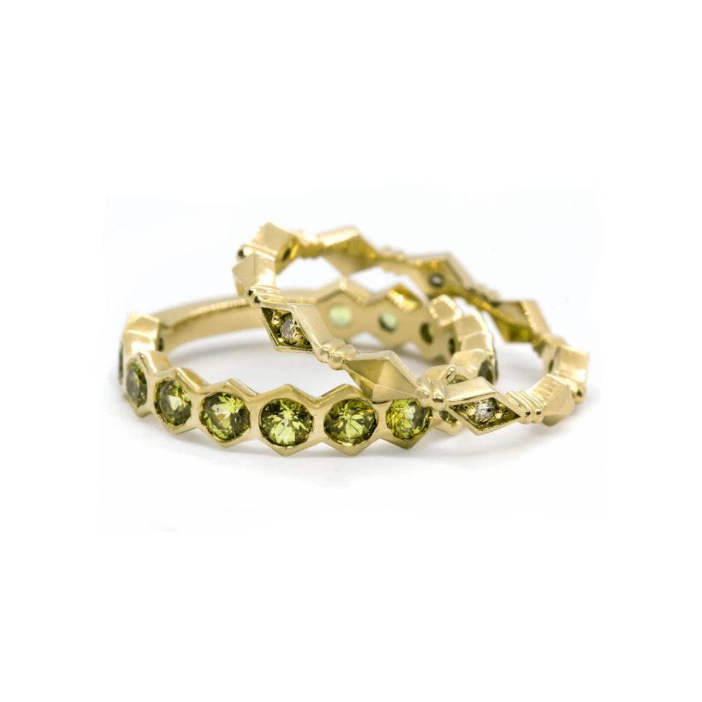 Yellow Sapphire Hexagon Band with champagne pyramid stackable ring
