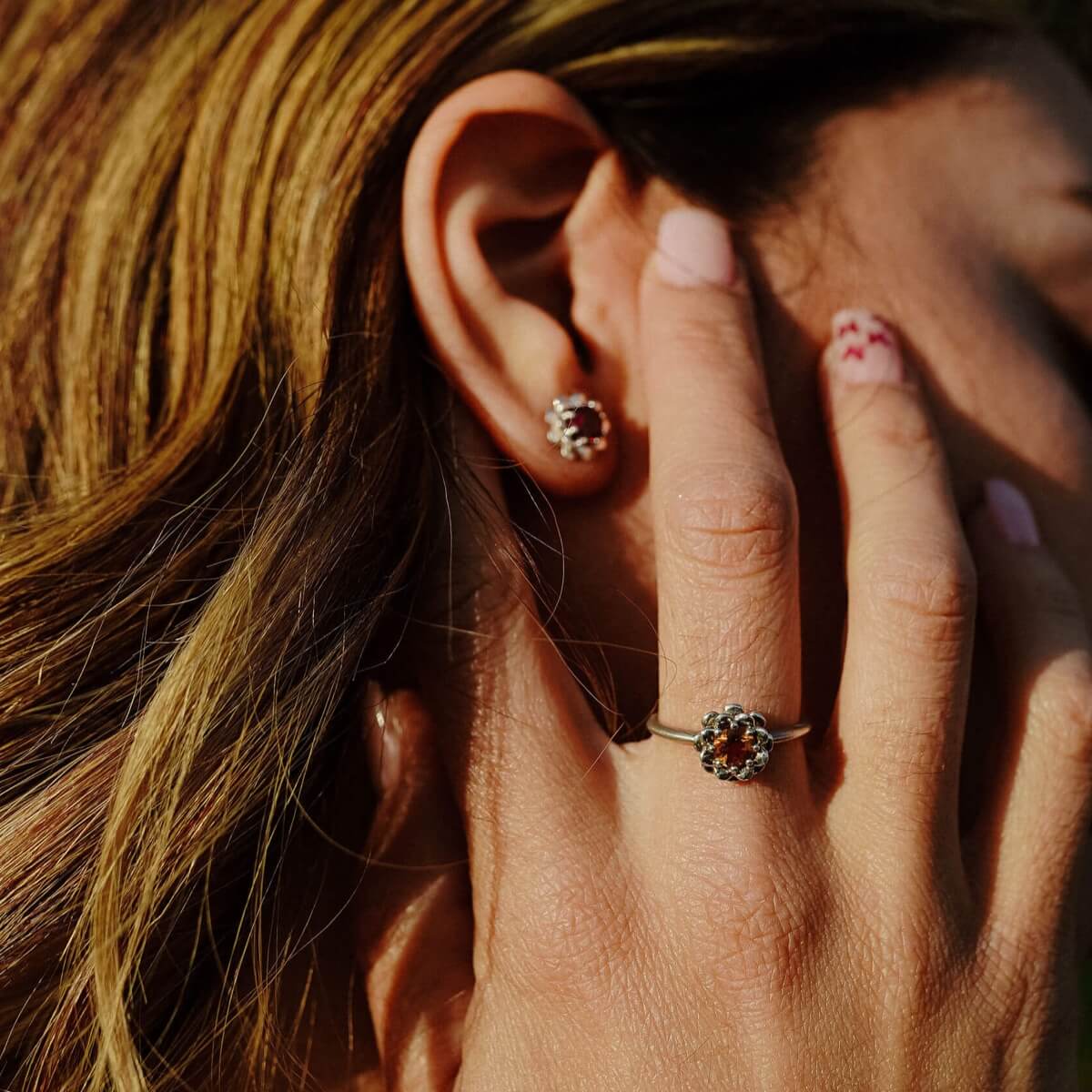 Flower Gemstone Stud Earrings with Flower Ring on Model